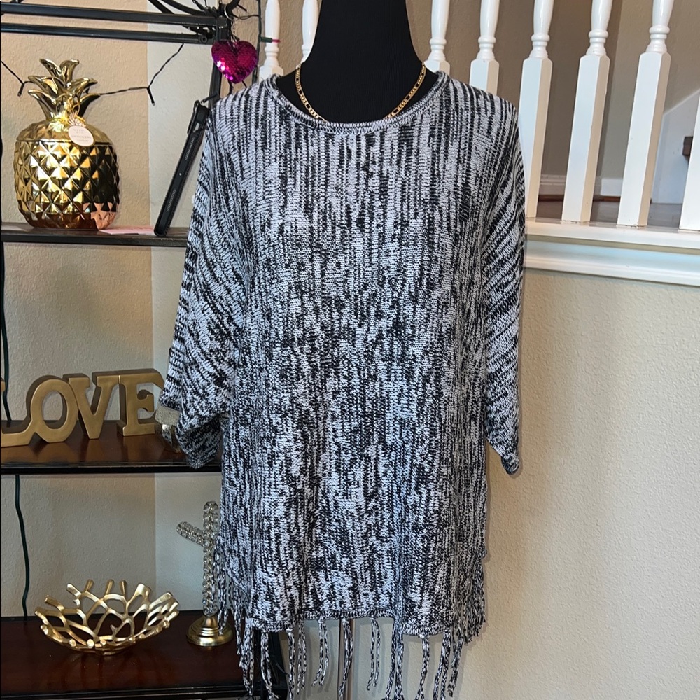 Chic Black and White Fringe Blouse